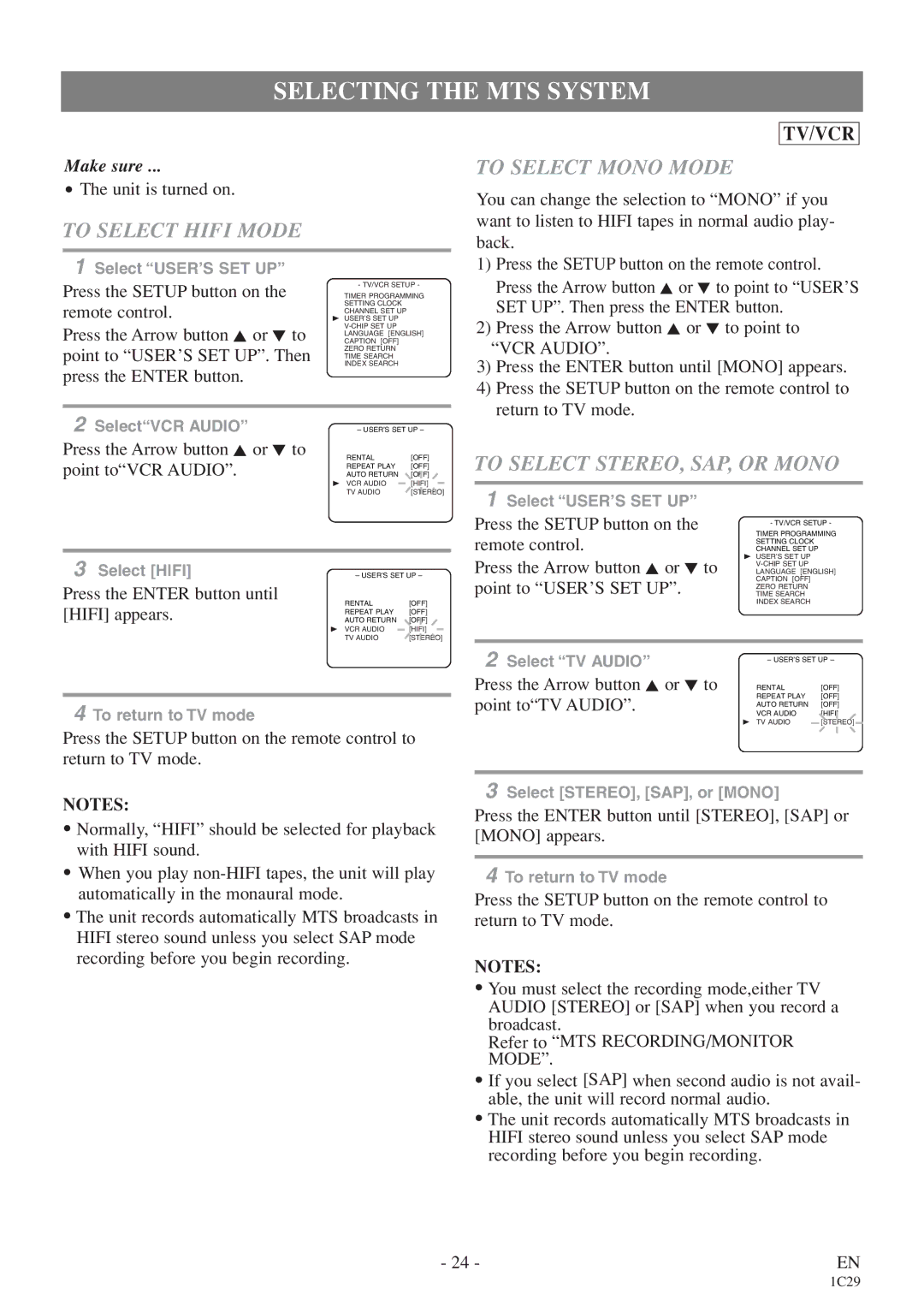 Sylvania 6719DE Selecting the MTS System, To Select Hifi Mode, To Select Mono Mode, To Select STEREO, SAP, or Mono 