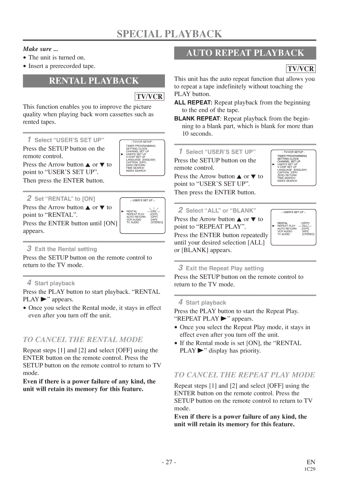 Sylvania 6719DE owner manual Special Playback, Rental Playback, Auto Repeat Playback, To Cancel the Rental Mode 