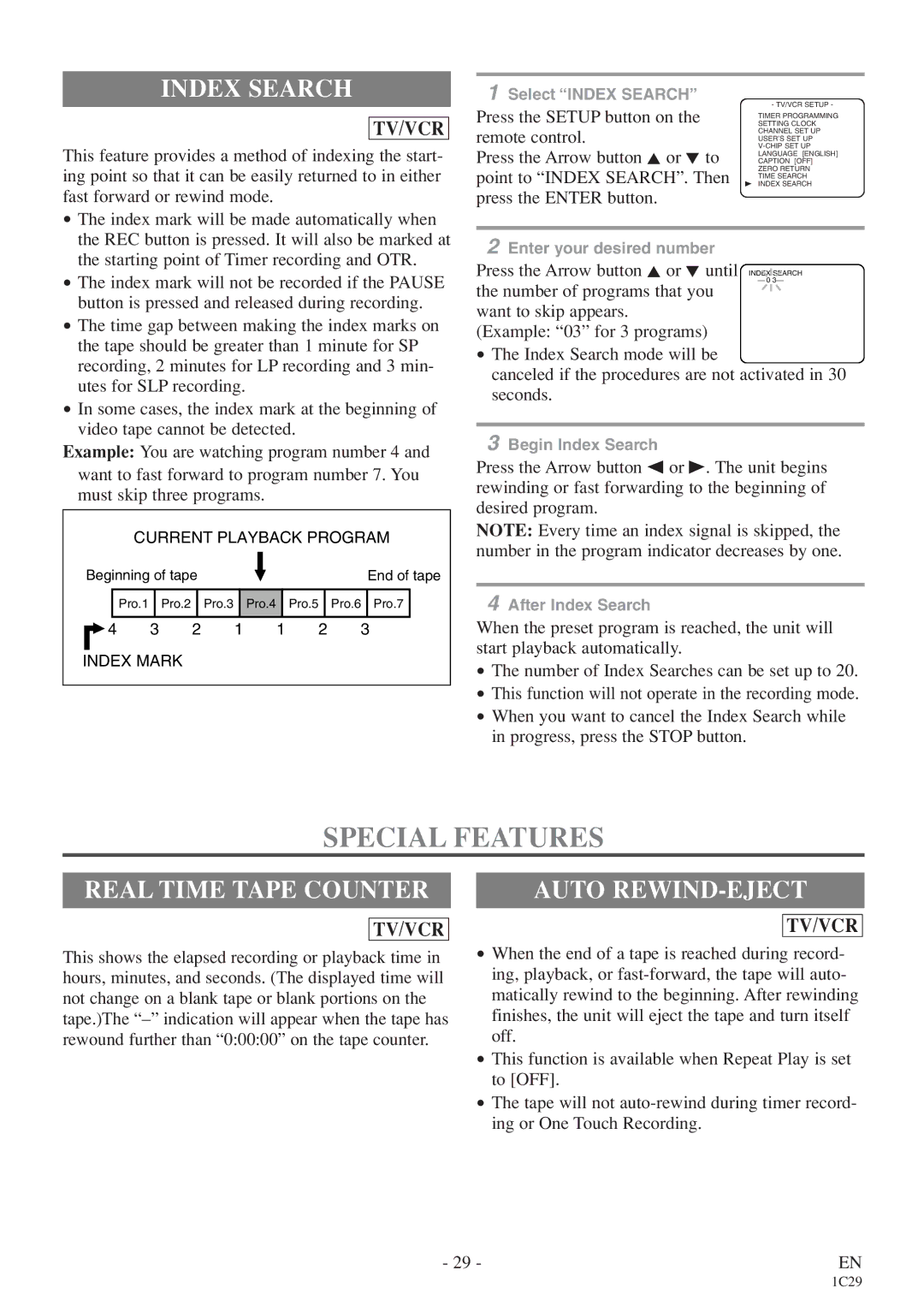 Sylvania 6719DE Special Features, Index Search, Real Time Tape Counter, Auto REWIND-EJECT, Point to Index SEARCH. Then 