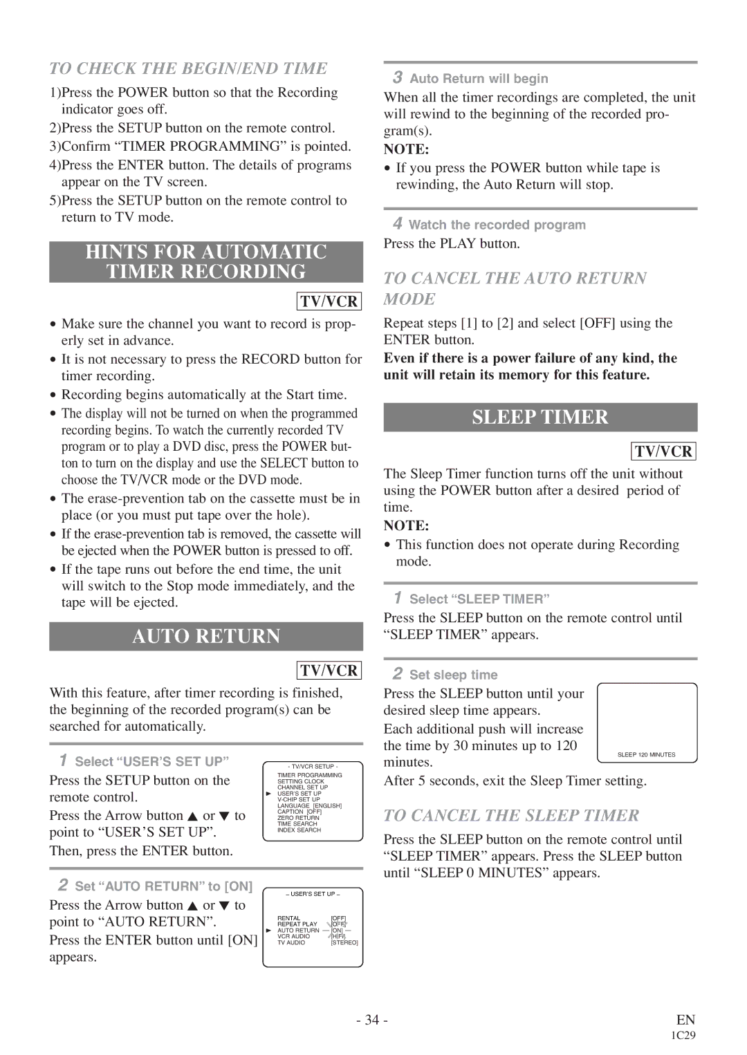 Sylvania 6719DE owner manual Hints for Automatic Timer Recording, Auto Return, Sleep Timer 