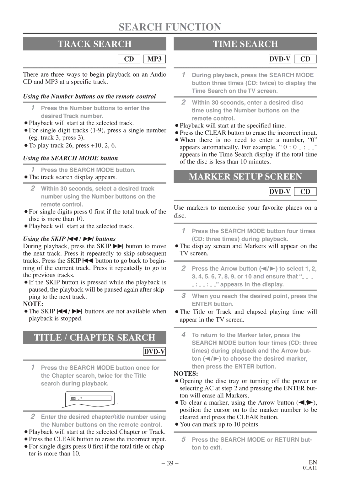 Sylvania 6719DE owner manual Search Function, Track Search Time Search, Title / Chapter Search, Marker Setup Screen 