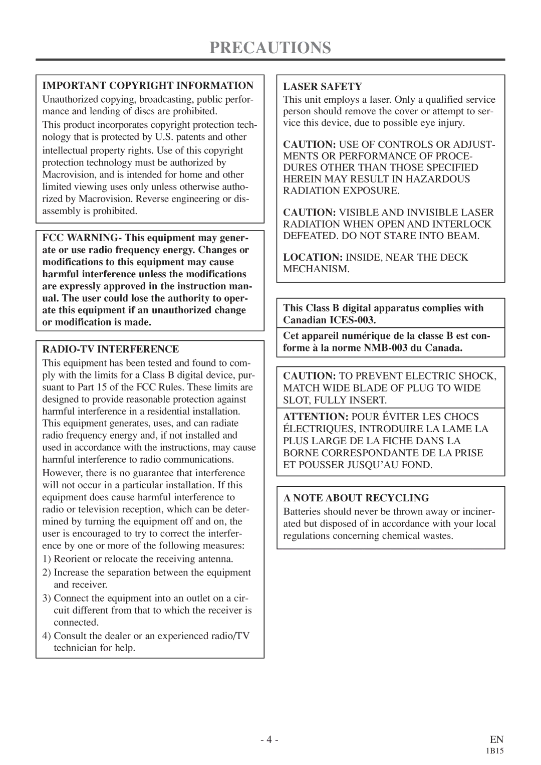 Sylvania 6719DE owner manual Precautions, Important Copyright Information, RADIO-TV Interference, Laser Safety 