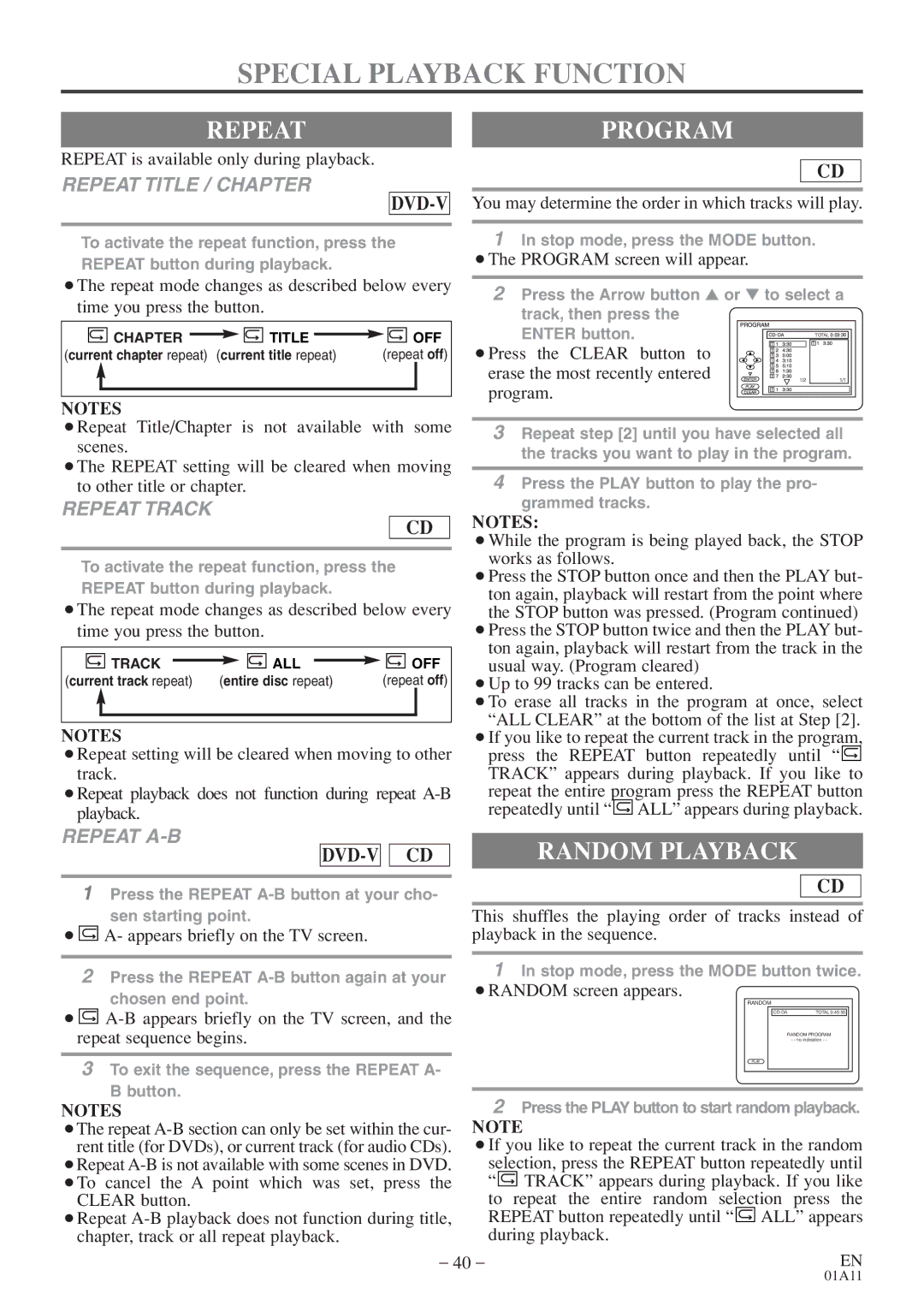 Sylvania 6719DE owner manual Special Playback Function, Repeatprogram, Random Playback 