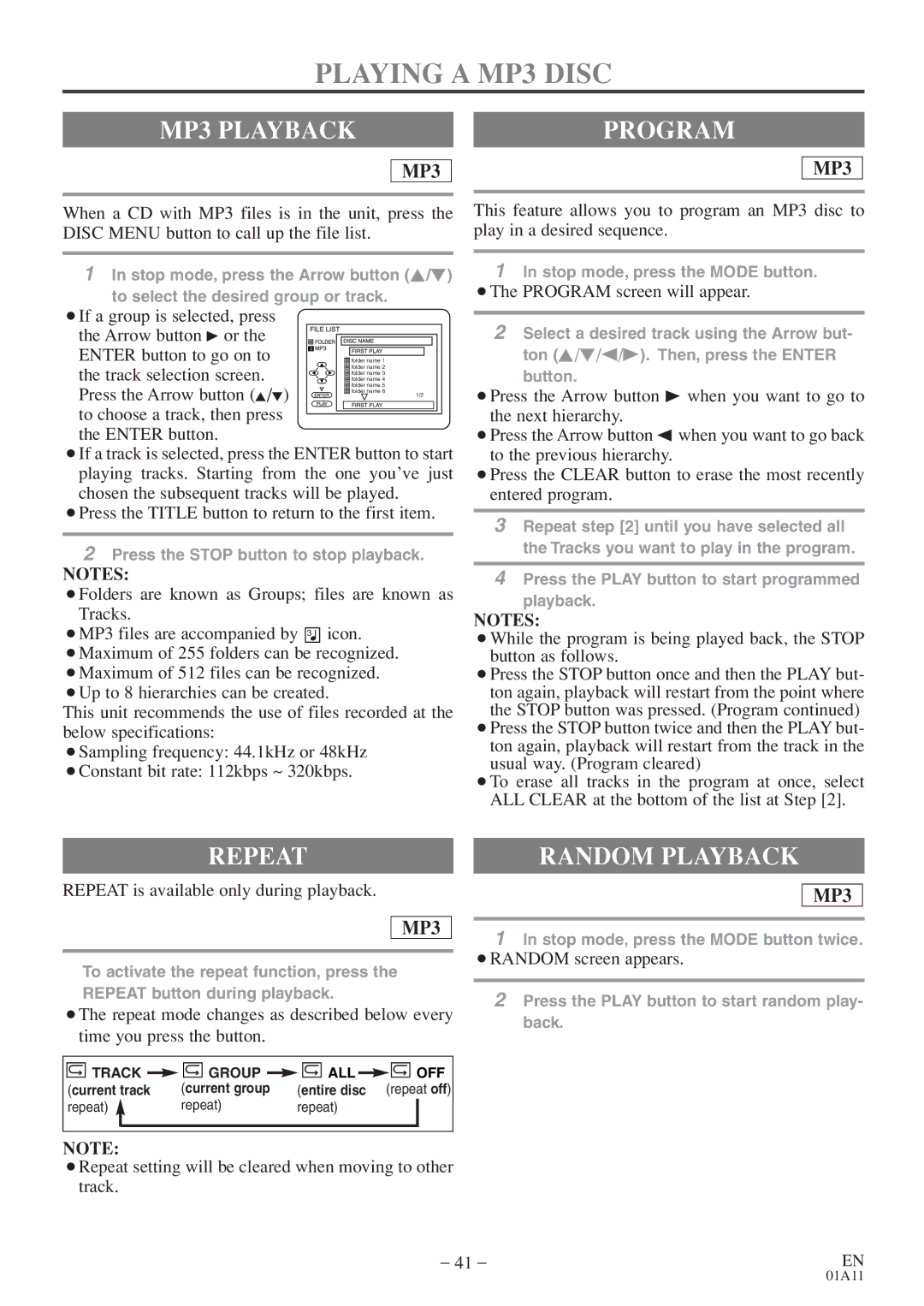 Sylvania 6719DE owner manual Playing a MP3 Disc, MP3 Playback, Program, Repeat Random Playback 