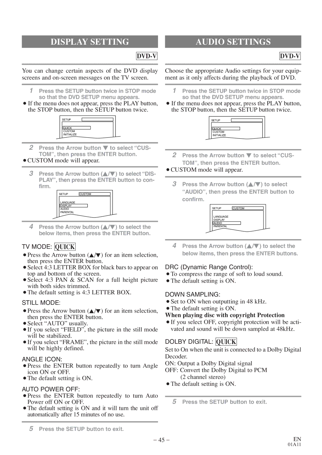 Sylvania 6719DE owner manual Display Setting, Audio Settings, When playing disc with copyright Protection 