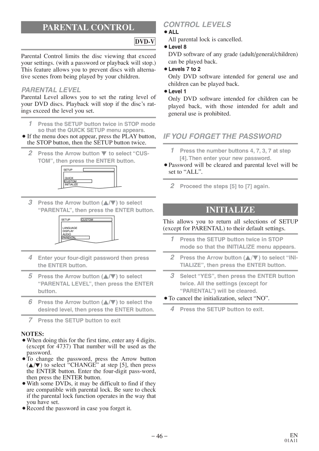 Sylvania 6719DE Parental Control, Initialize, All parental lock is cancelled, ¡To cancel the initialization, select no 