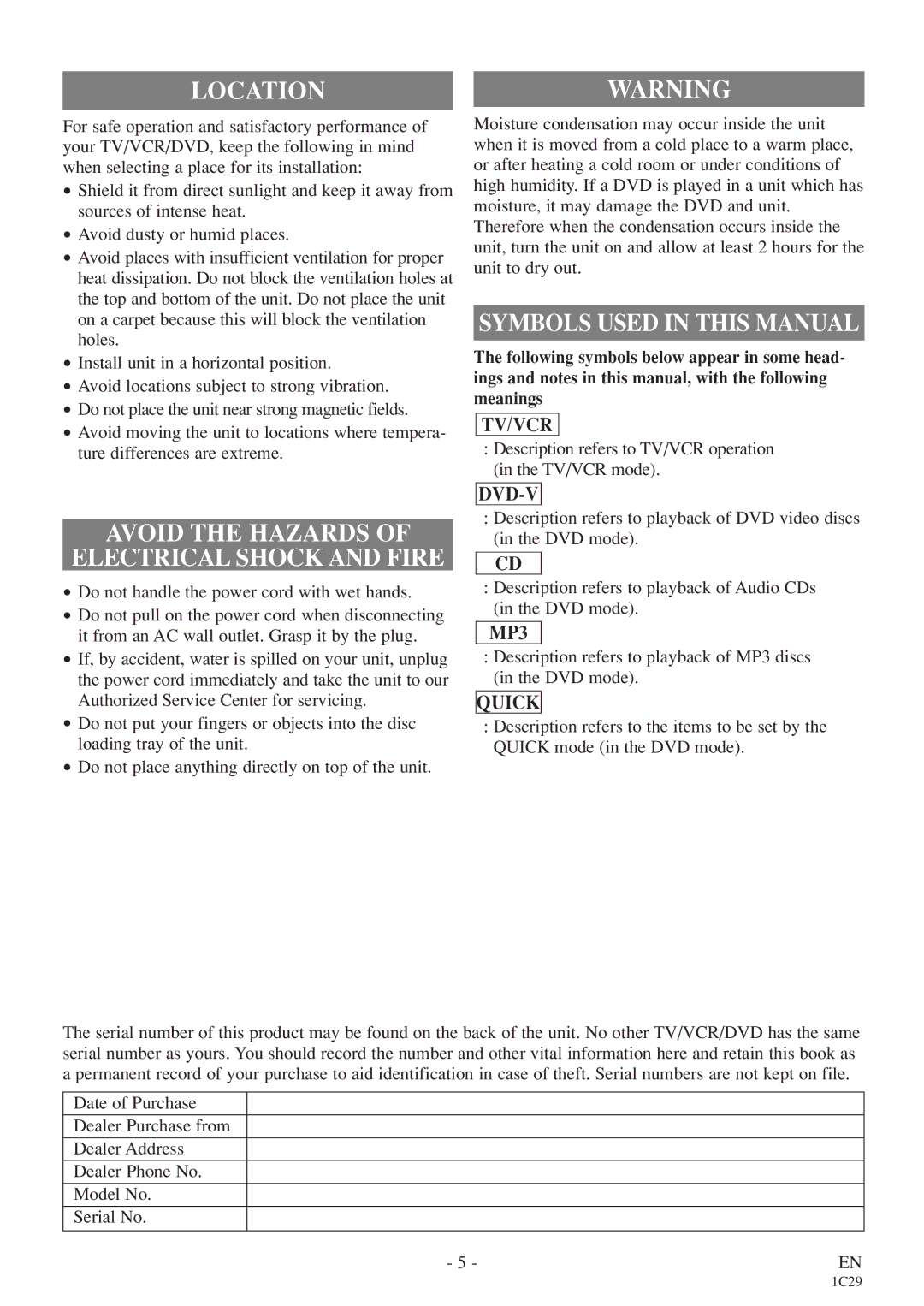 Sylvania 6719DE owner manual Locationwarning, Symbols Used in this Manual, Avoid the Hazards Electrical Shock and Fire 