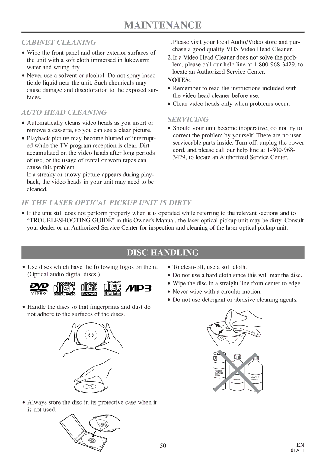 Sylvania 6719DE owner manual Maintenance, Disc Handling 