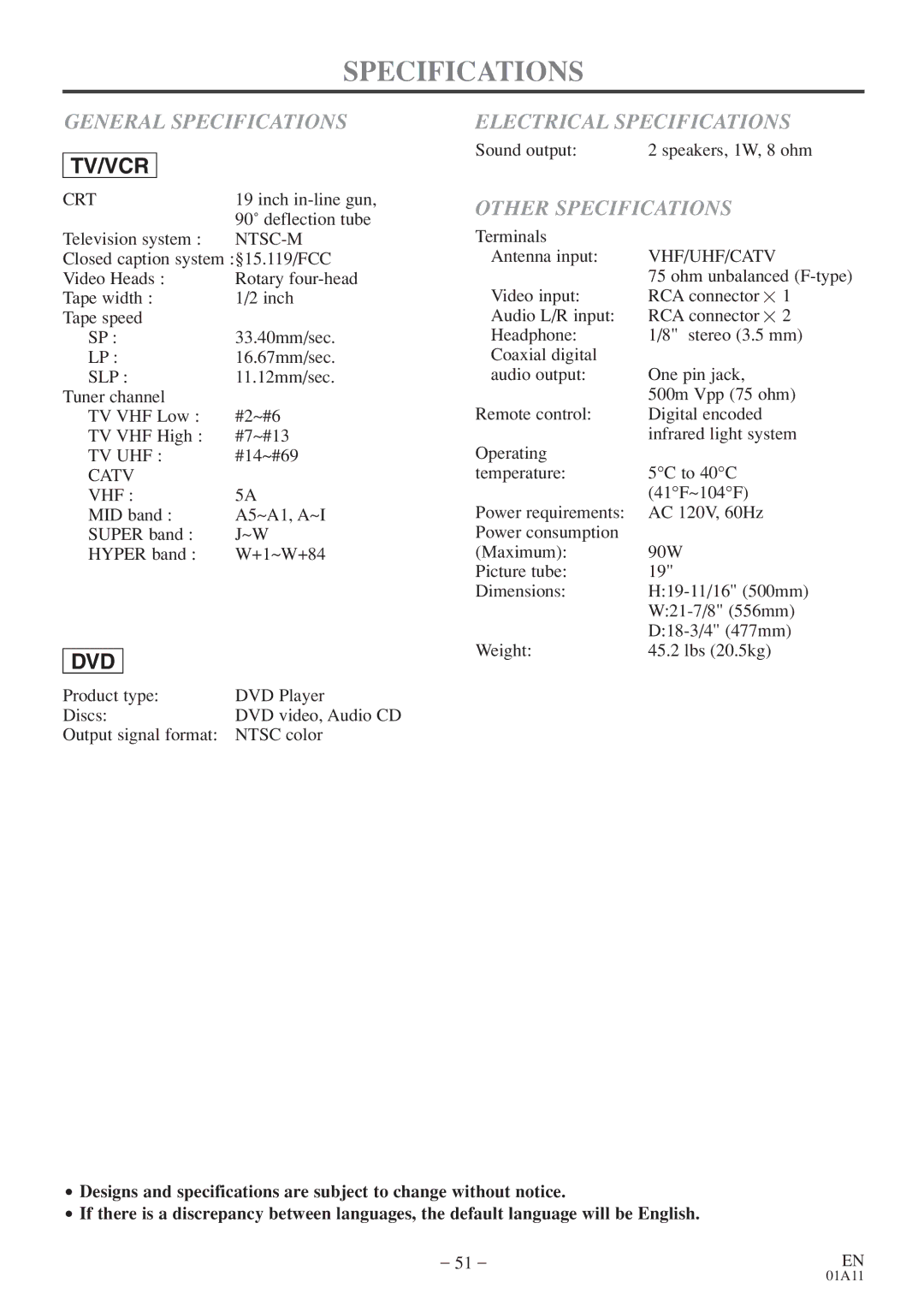 Sylvania 6719DE owner manual General Specifications, Electrical Specifications, Other Specifications 