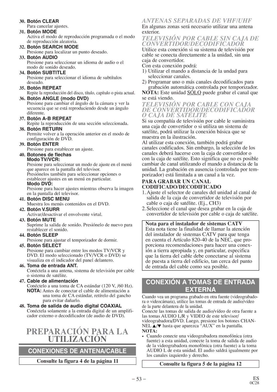 Sylvania 6719DE owner manual Preparación Para LA Utilización, Antenas Separadas DE VHF/UHF 