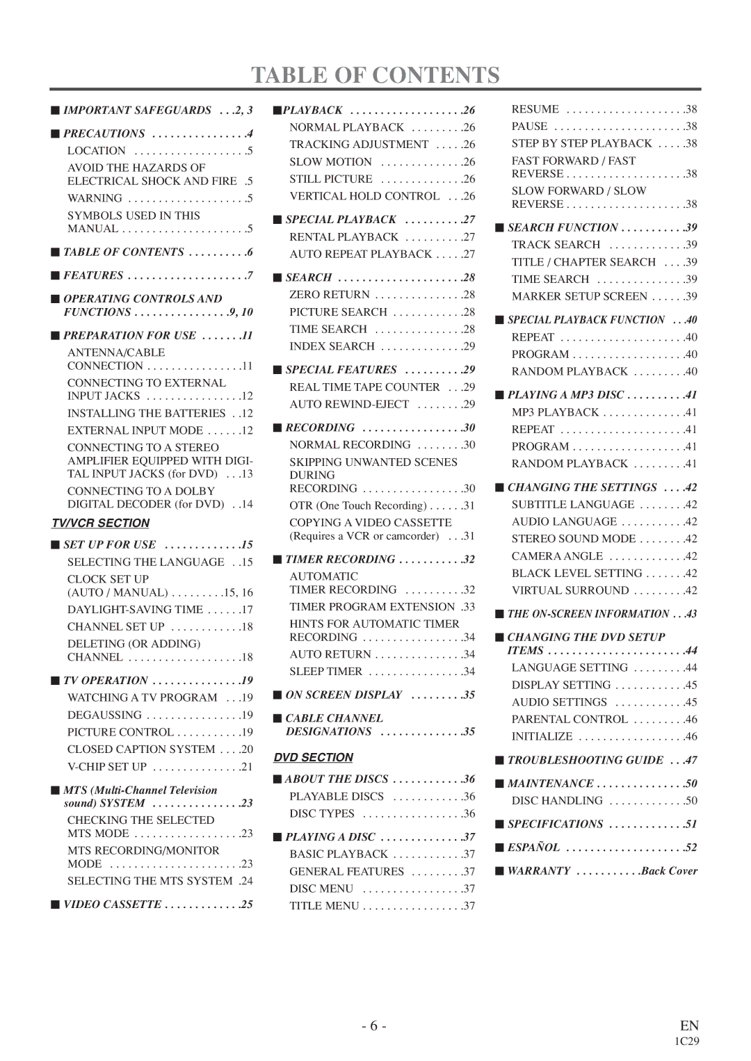 Sylvania 6719DE owner manual Table of Contents 