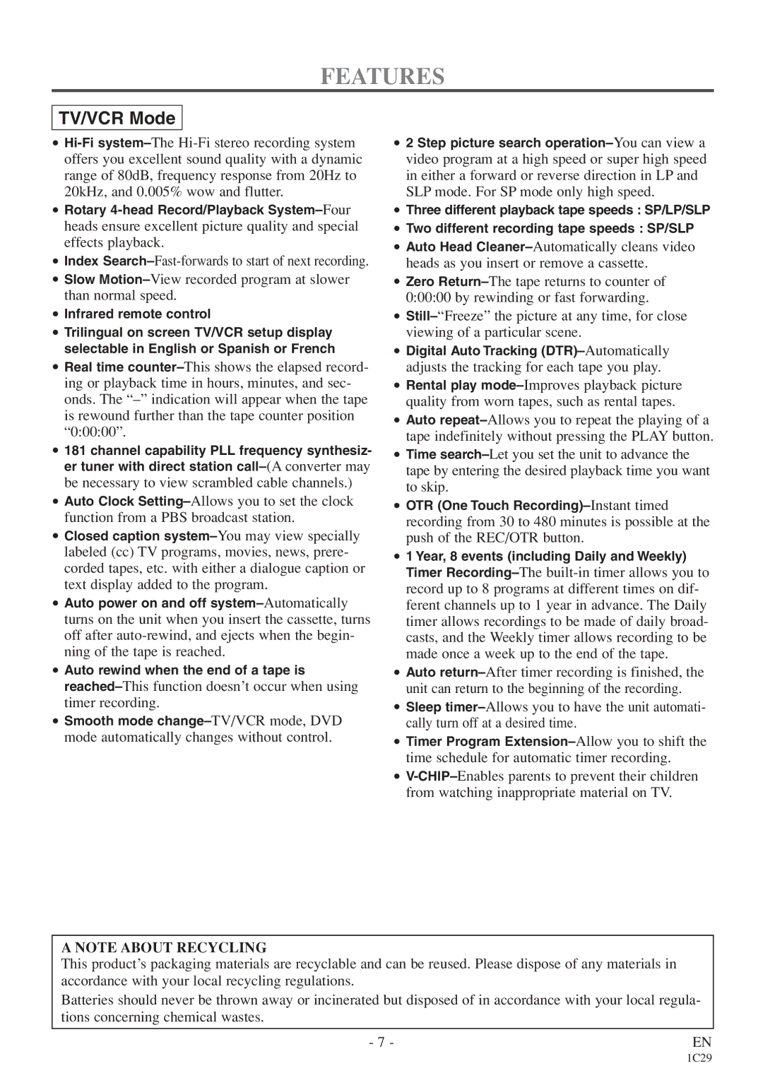 Sylvania 6719DE owner manual Features, TV/VCR Mode 