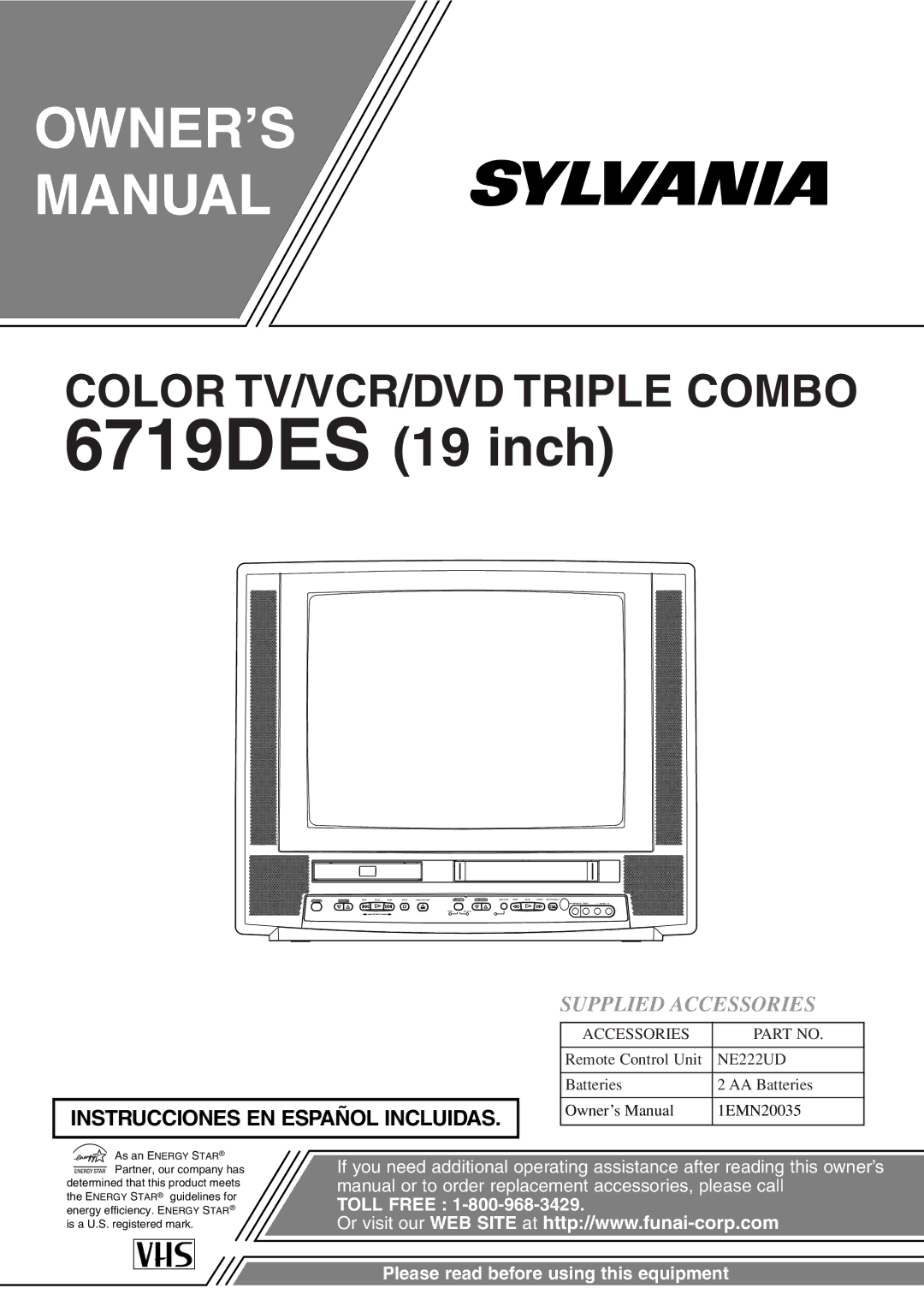 Sylvania 6719DES owner manual OWNER’S Manual, Supplied Accessories 