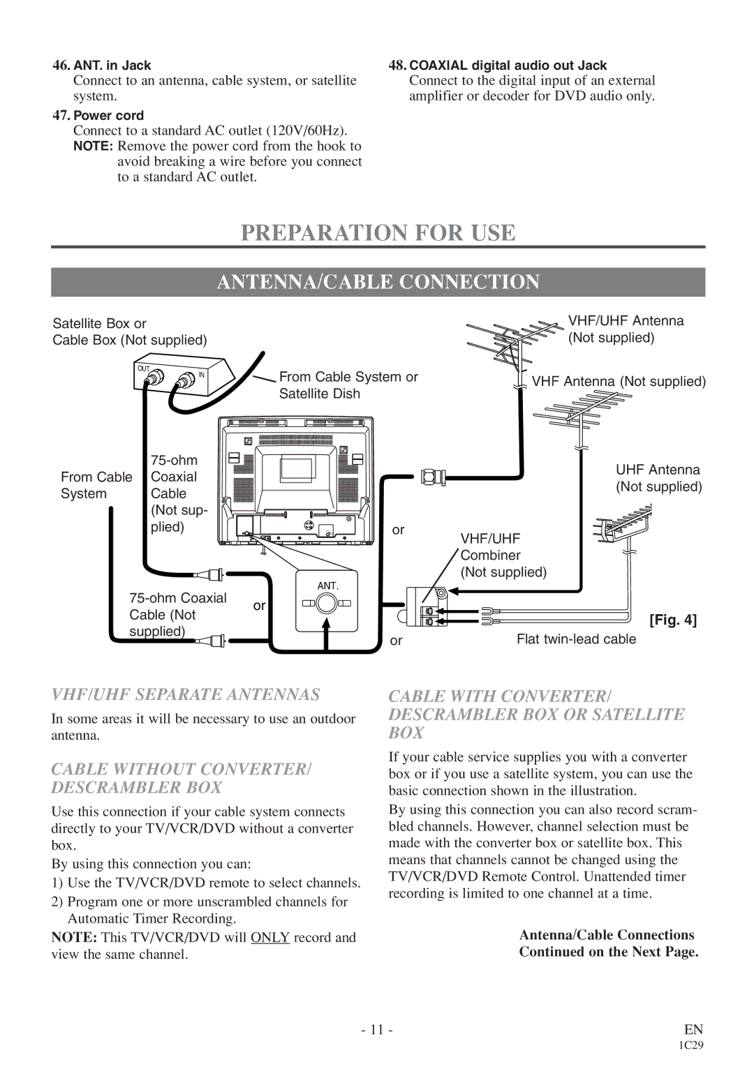 Sylvania 6719DES owner manual Preparation for USE, ANTENNA/CABLE Connection, VHF/UHF Separate Antennas 