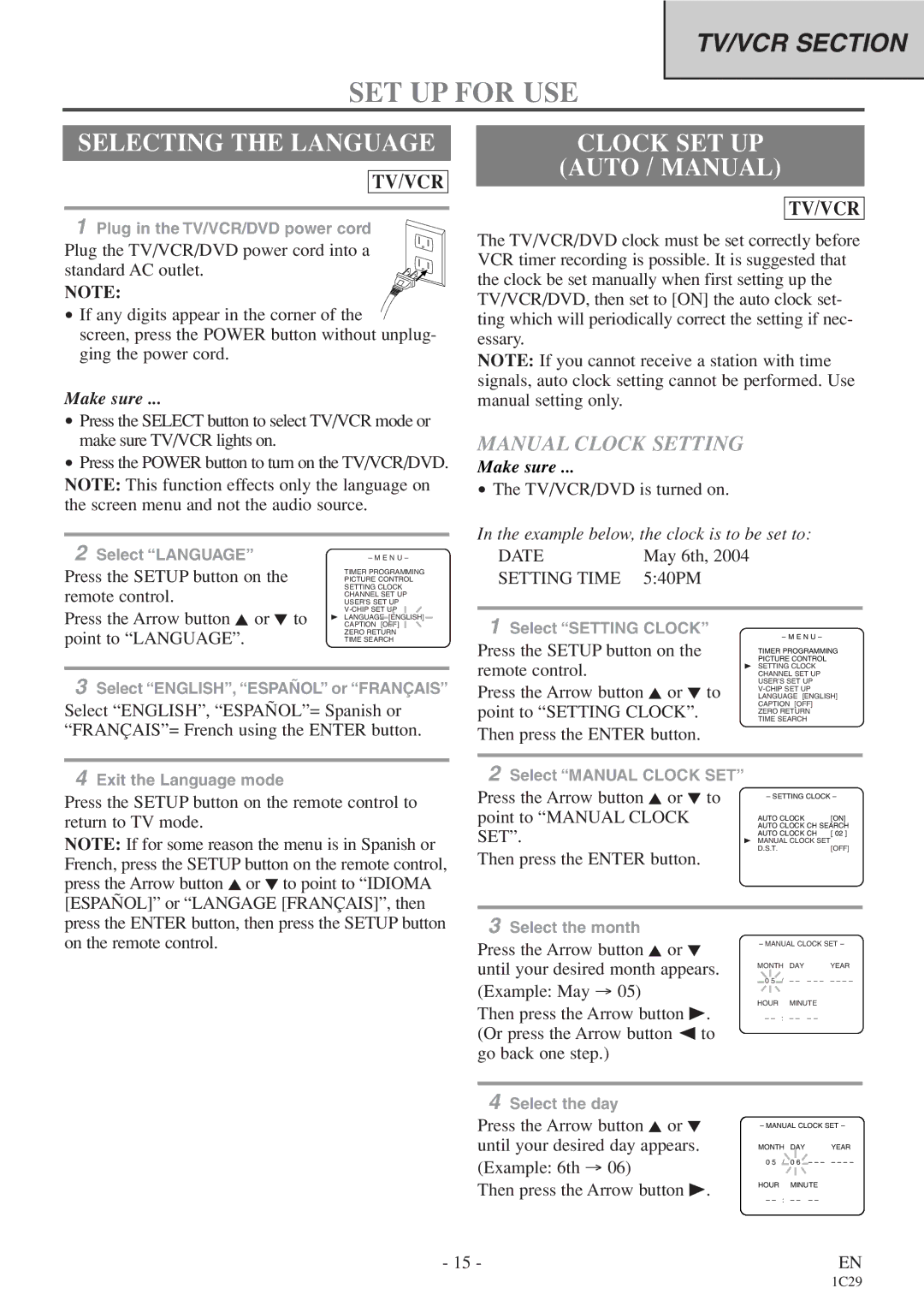 Sylvania 6719DES owner manual SET UP for USE, Selecting the Language, Clock SET UP Auto / Manual, Manual Clock Setting 