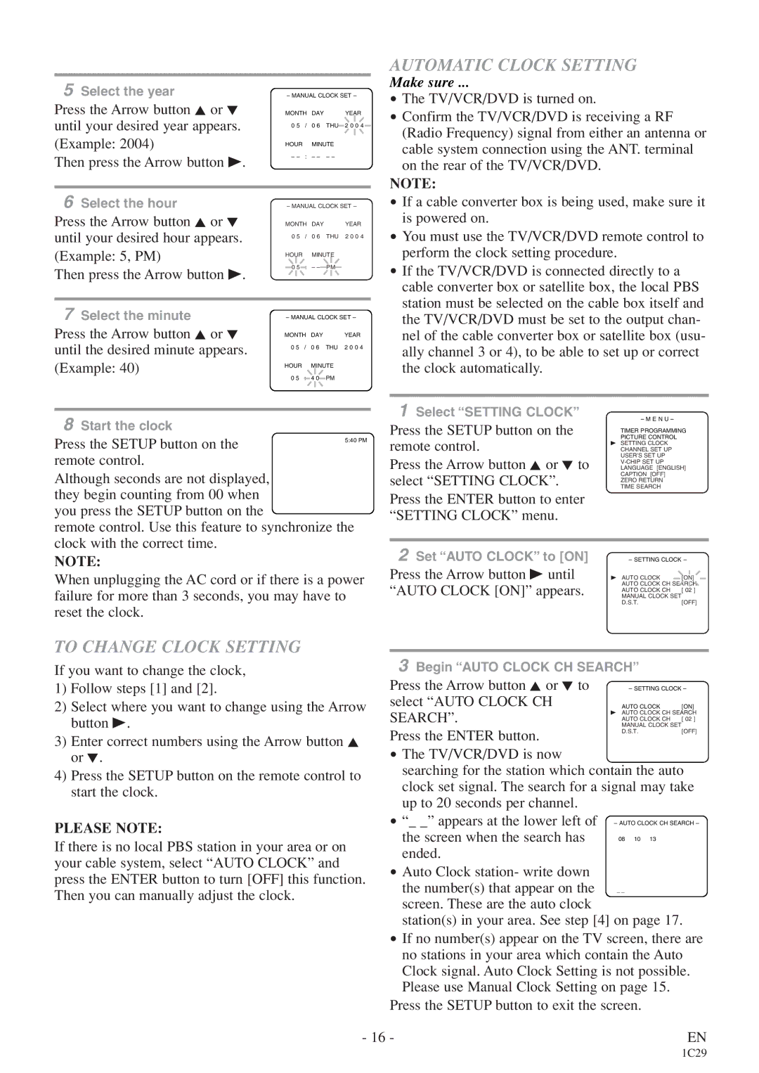 Sylvania 6719DES owner manual Automatic Clock Setting, To Change Clock Setting, Please Note, Search 