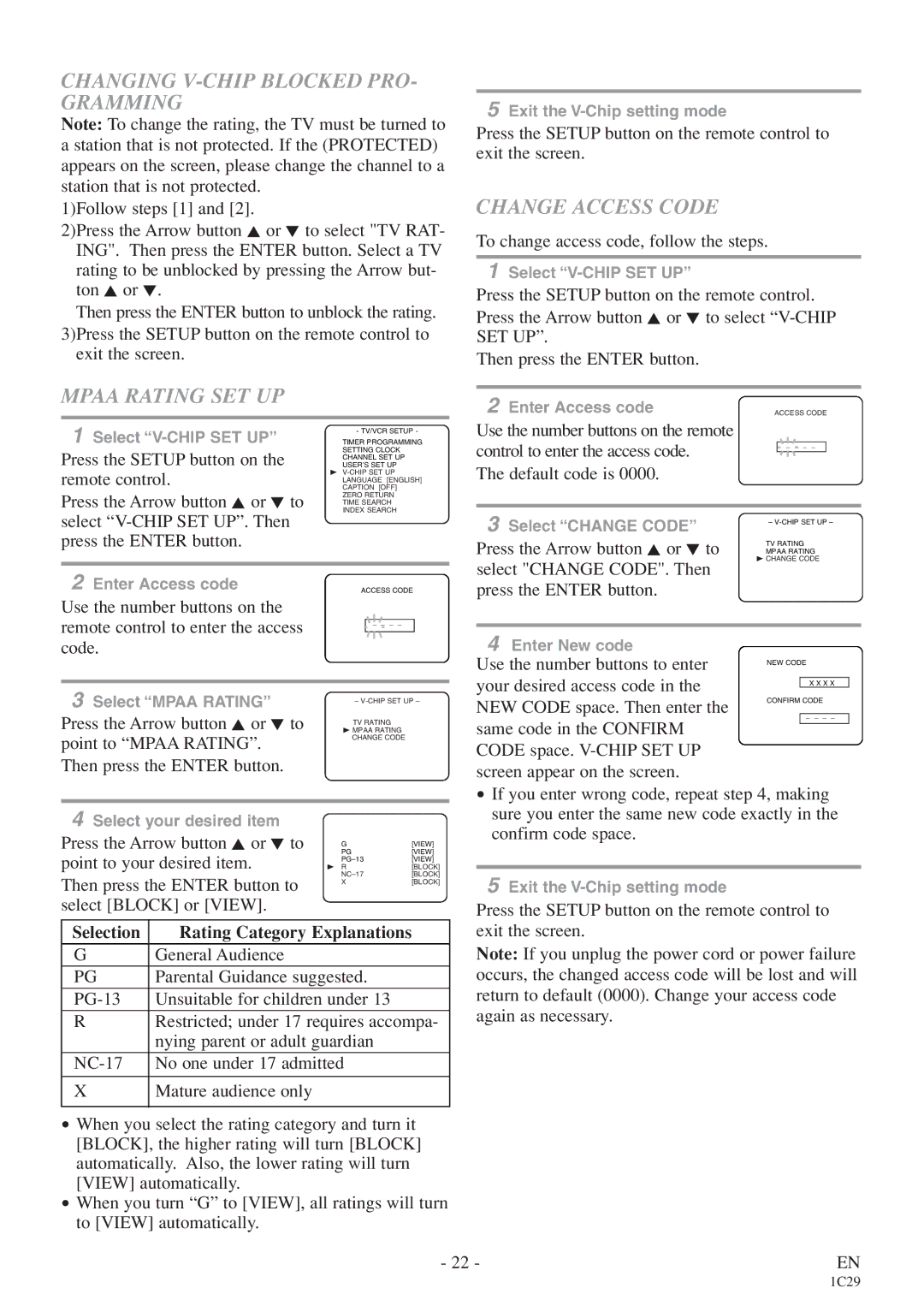 Sylvania 6719DES owner manual Changing V-CHIP Blocked PRO- Gramming, Mpaa Rating SET UP, Change Access Code 