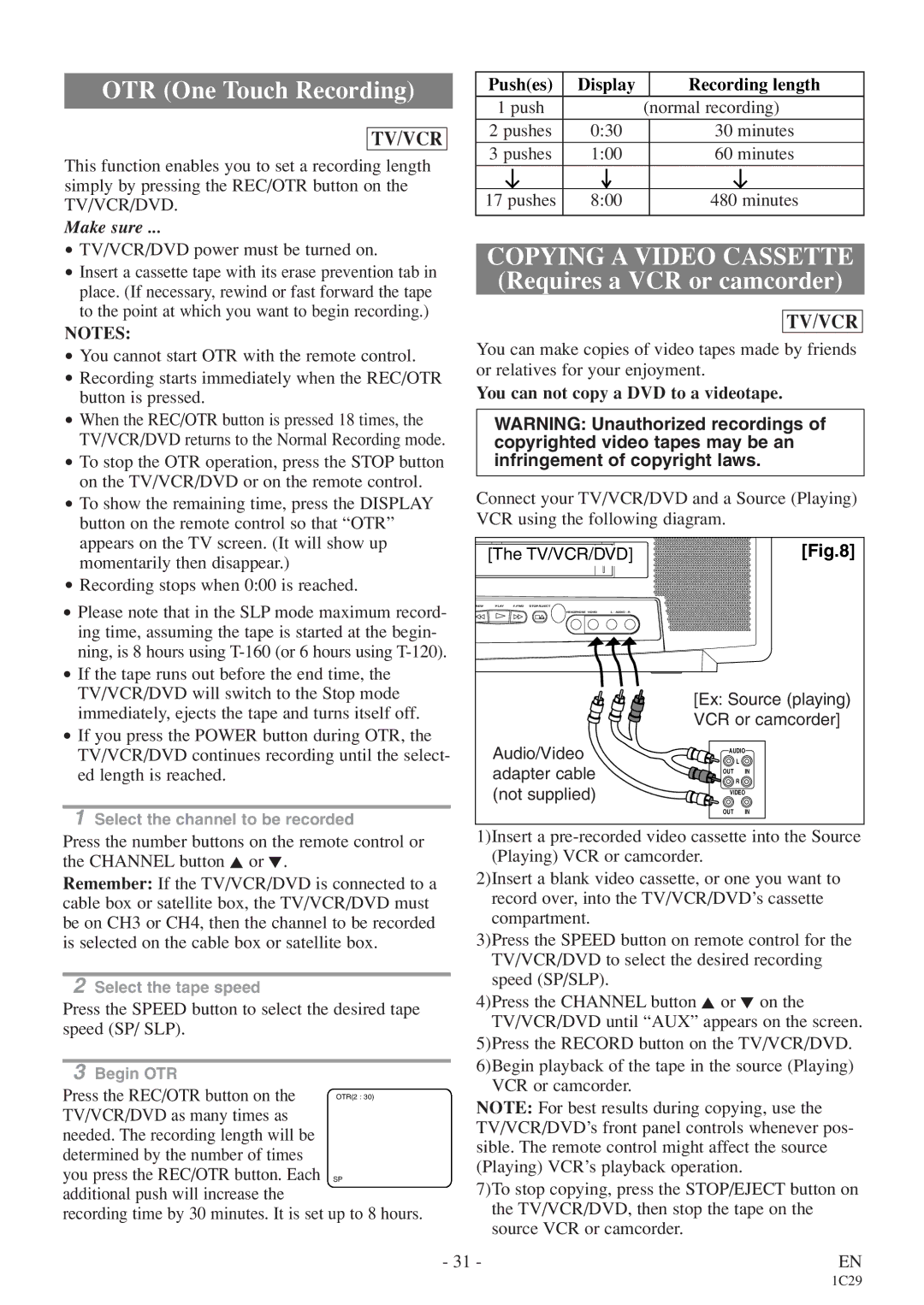 Sylvania 6719DES owner manual Pushes Display Recording length, You can not copy a DVD to a videotape 