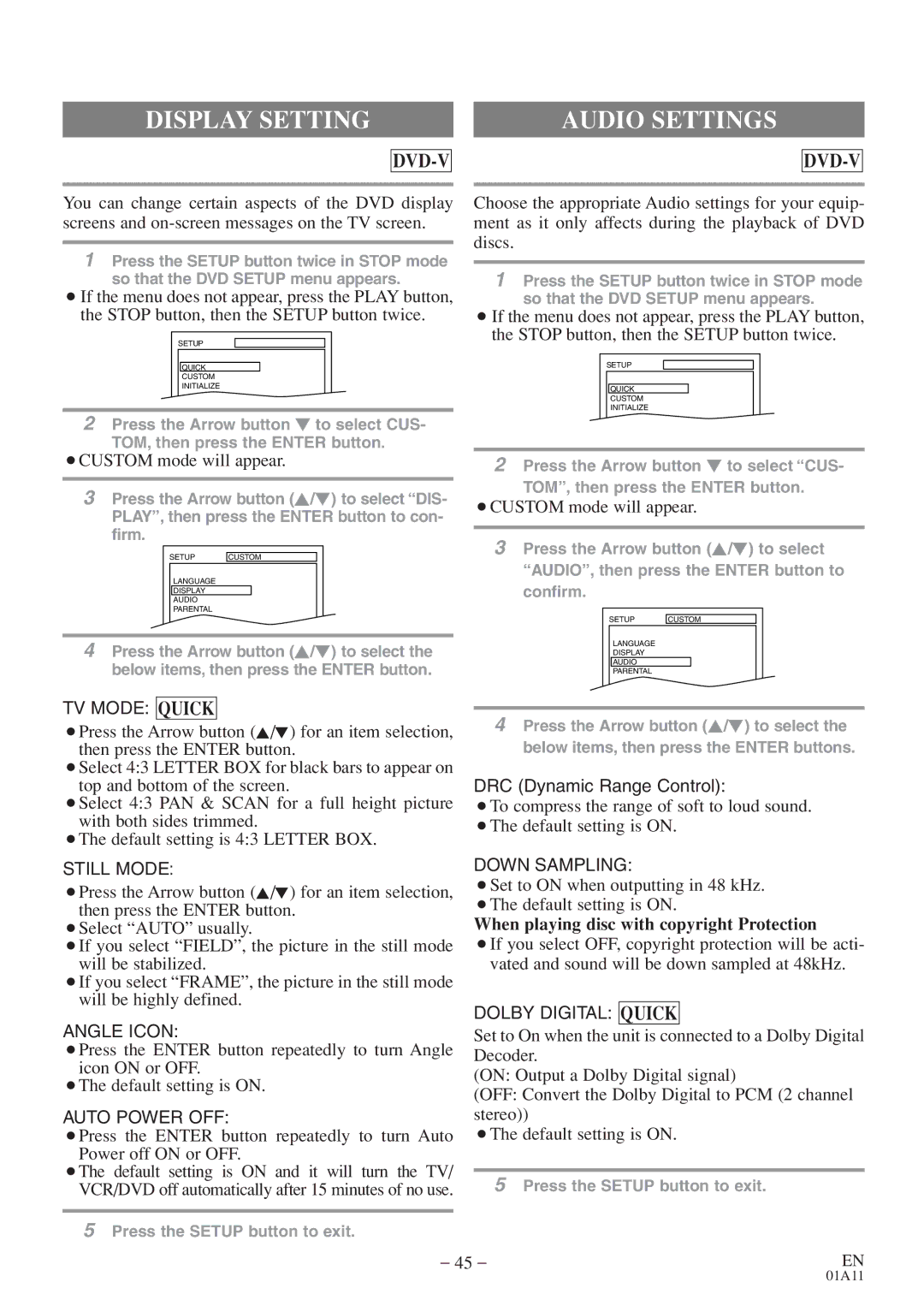 Sylvania 6719DES owner manual Display Setting, Audio Settings, When playing disc with copyright Protection 