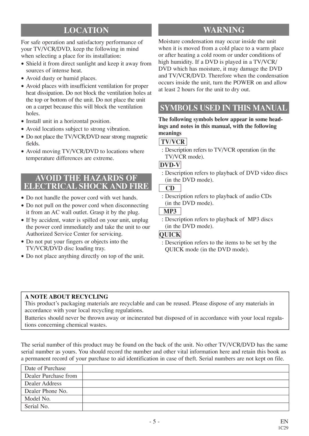 Sylvania 6719DES owner manual Locationwarning, Symbols Used in this Manual, Avoid the Hazards Electrical Shock and Fire 