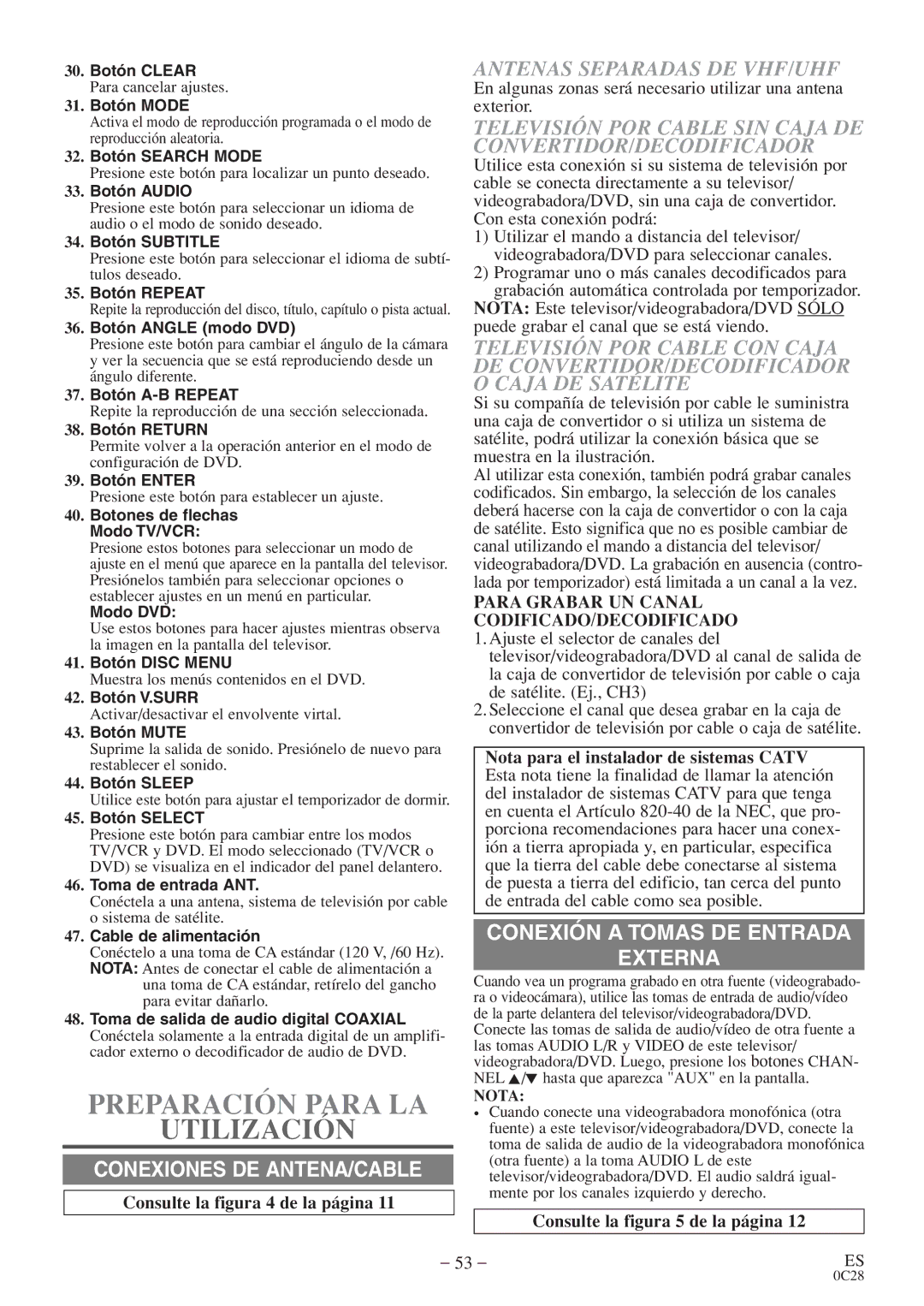 Sylvania 6719DES owner manual Preparación Para LA Utilización, Antenas Separadas DE VHF/UHF 