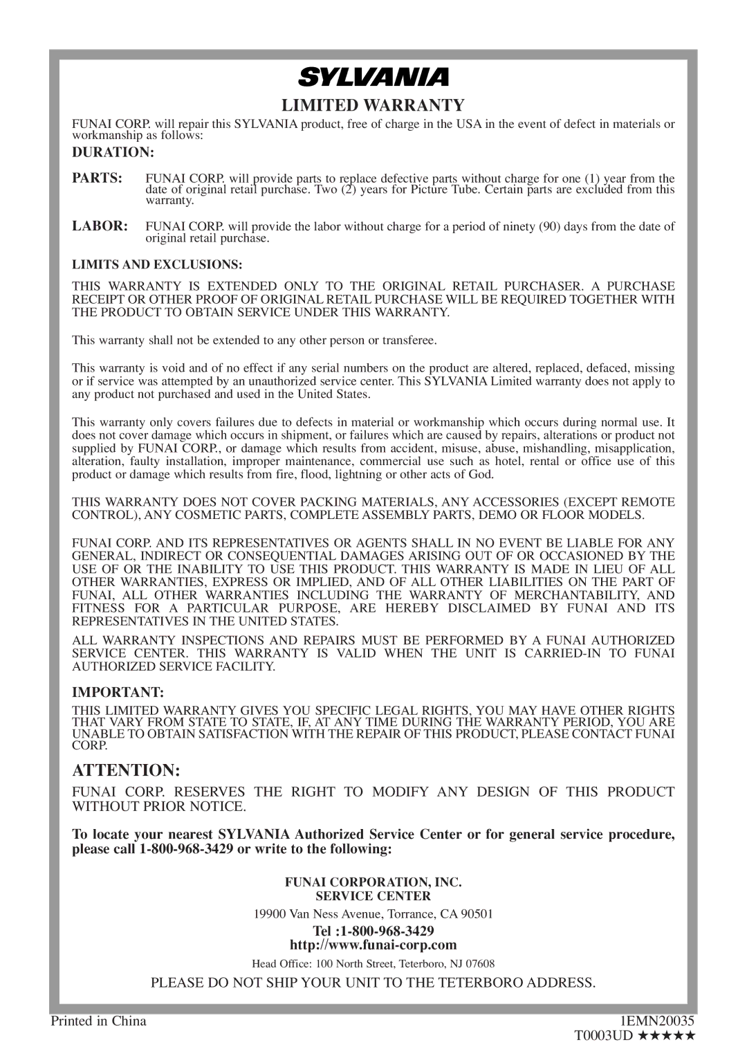 Sylvania 6719DES owner manual Duration, Tel, Please do not Ship Your Unit to the Teterboro Address 