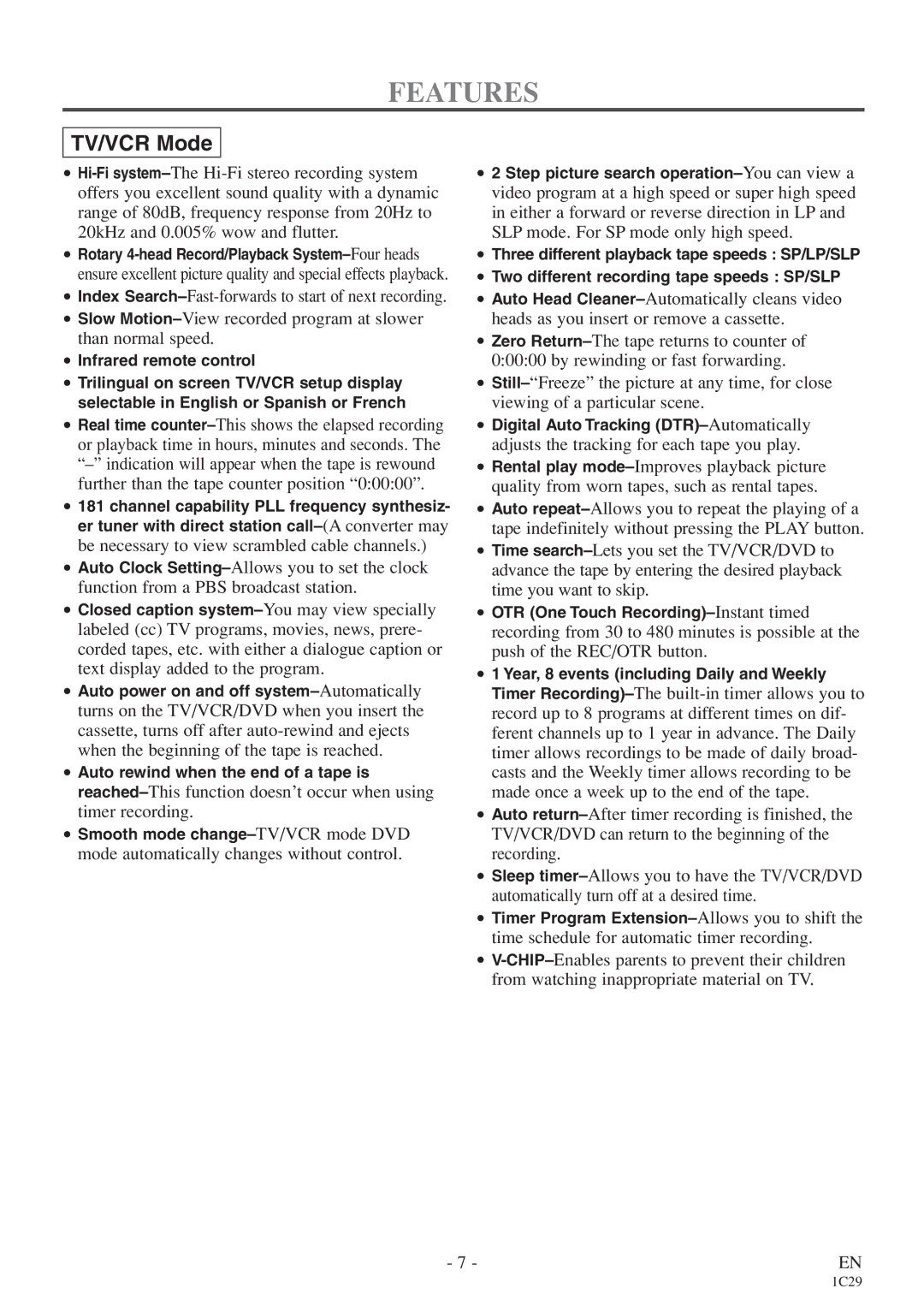 Sylvania 6719DES owner manual Features, TV/VCR Mode 