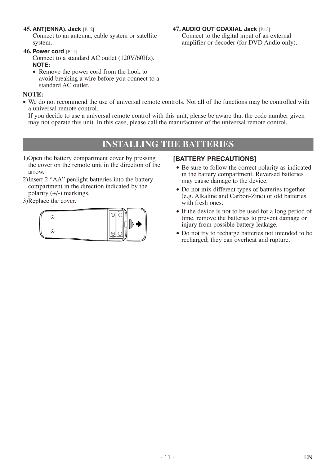 Sylvania 6719DF owner manual Installing the Batteries, Connect to an antenna, cable system or satellite system 