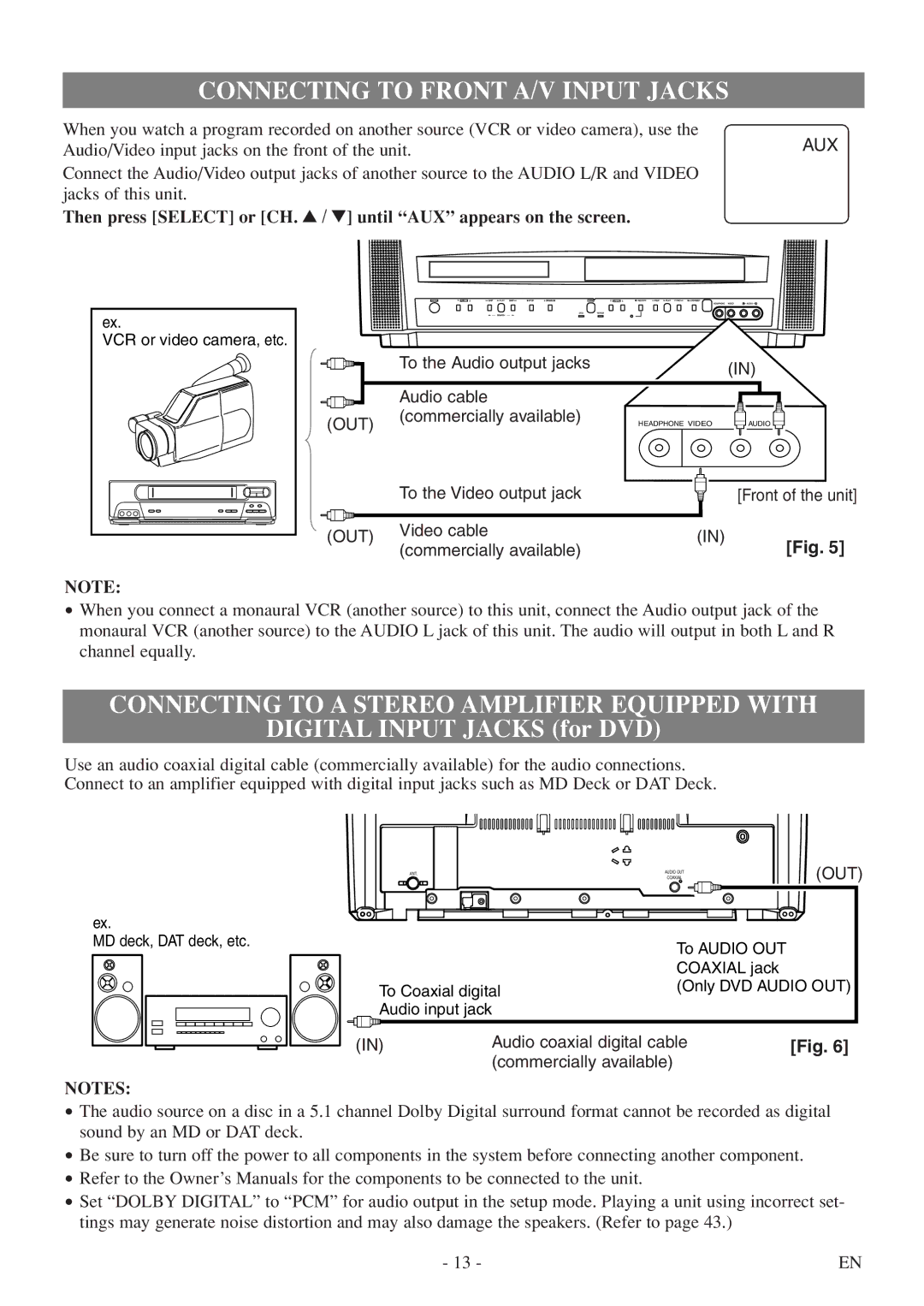 Sylvania 6719DF owner manual Connecting to Front A/V Input Jacks, Connecting to a Stereo Amplifier Equipped with 