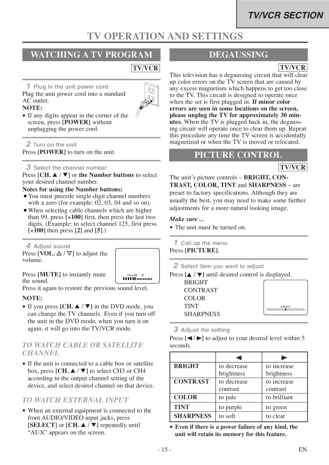 Sylvania 6719DF owner manual TV Operation and Settings, Watching a TV Program, Degaussing, Picture Control 