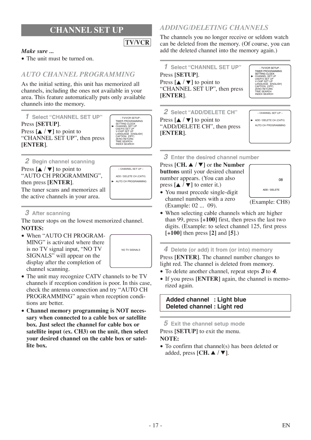 Sylvania 6719DF owner manual Channel SET UP, Auto Channel Programming, ADDING/DELETING Channels, Enter, Auto CH Programming 