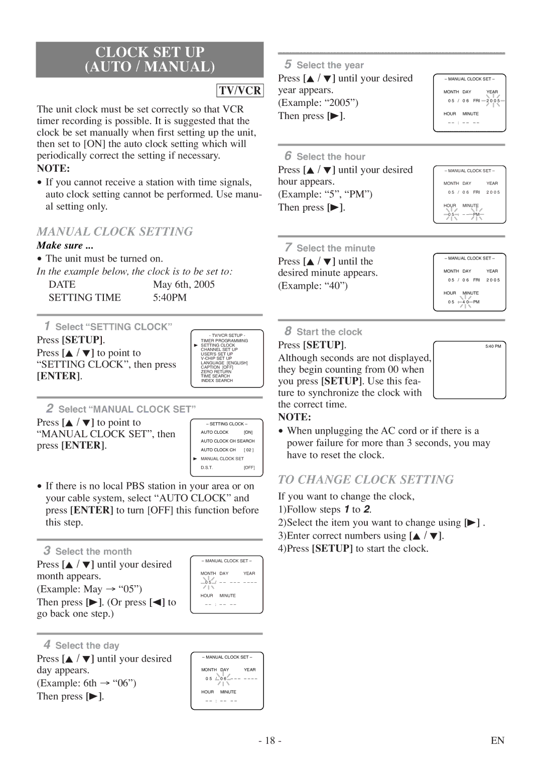 Sylvania 6719DF owner manual Clock SET UP Auto / Manual, Manual Clock Setting, To Change Clock Setting, Date, Setting Time 