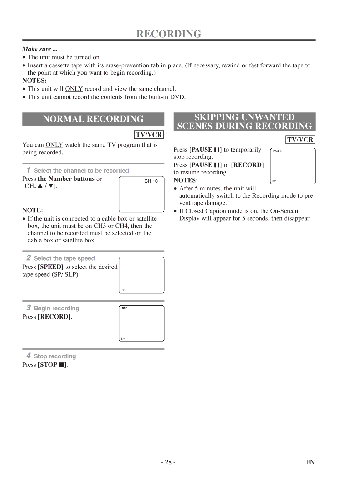 Sylvania 6719DF owner manual Normal Recording, Skipping Unwanted Scenes During Recording 