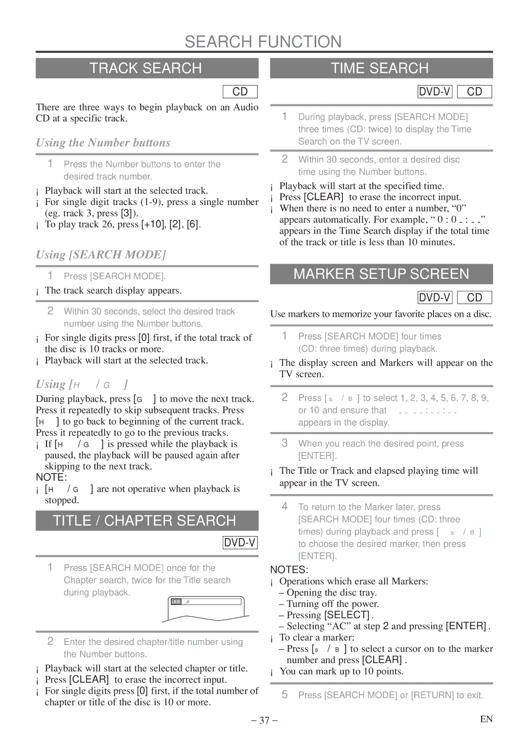 Sylvania 6719DF owner manual Search Function, Track Search Time Search, Marker Setup Screen, Title / Chapter Search 