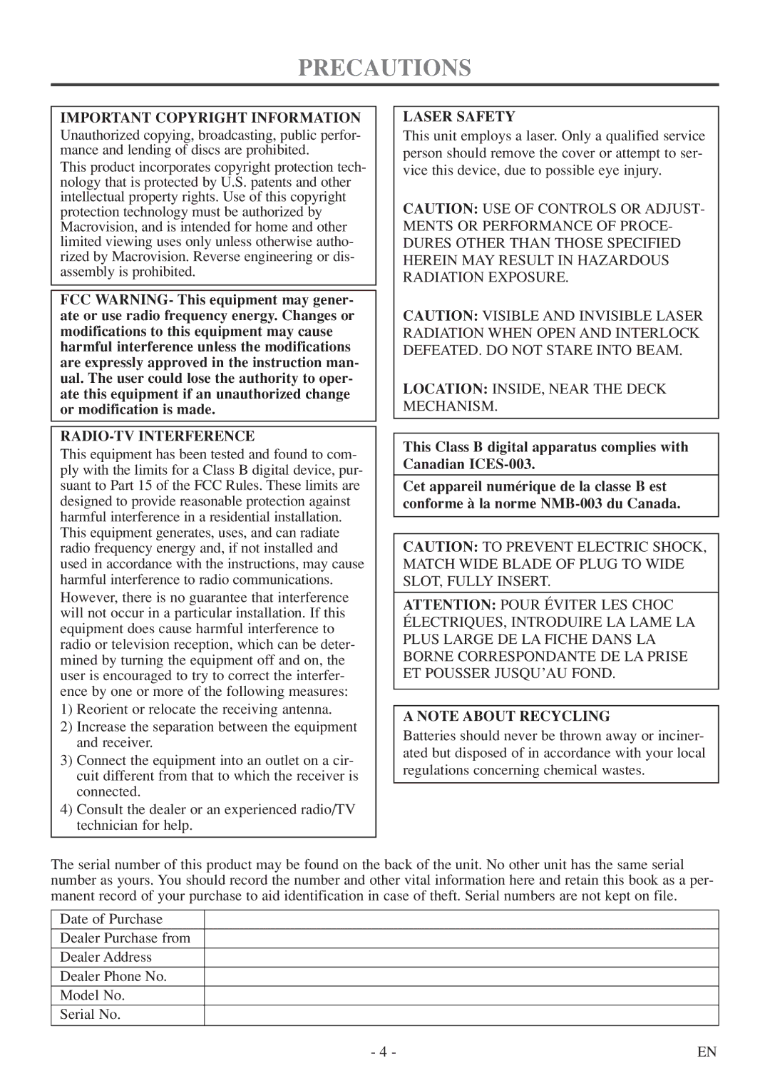 Sylvania 6719DF owner manual Precautions, Important Copyright Information, RADIO-TV Interference, Laser Safety 