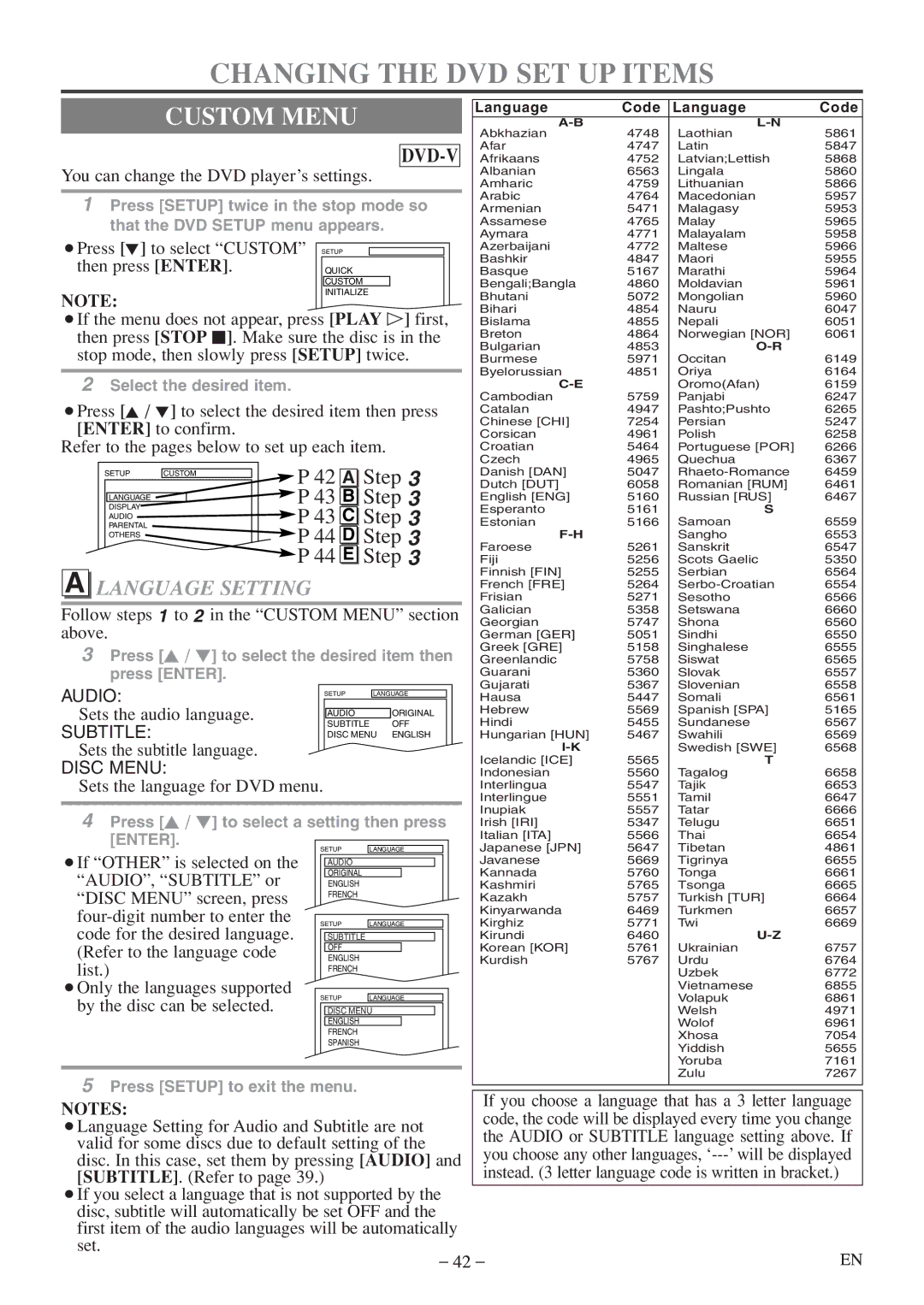 Sylvania 6719DF owner manual Changing the DVD SET UP Items, Custom Menu, Language Setting, Dvd-V 