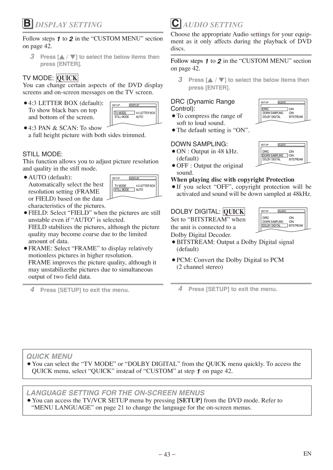 Sylvania 6719DF owner manual Display Setting, Audio Setting, When playing disc with copyright Protection, Quick 