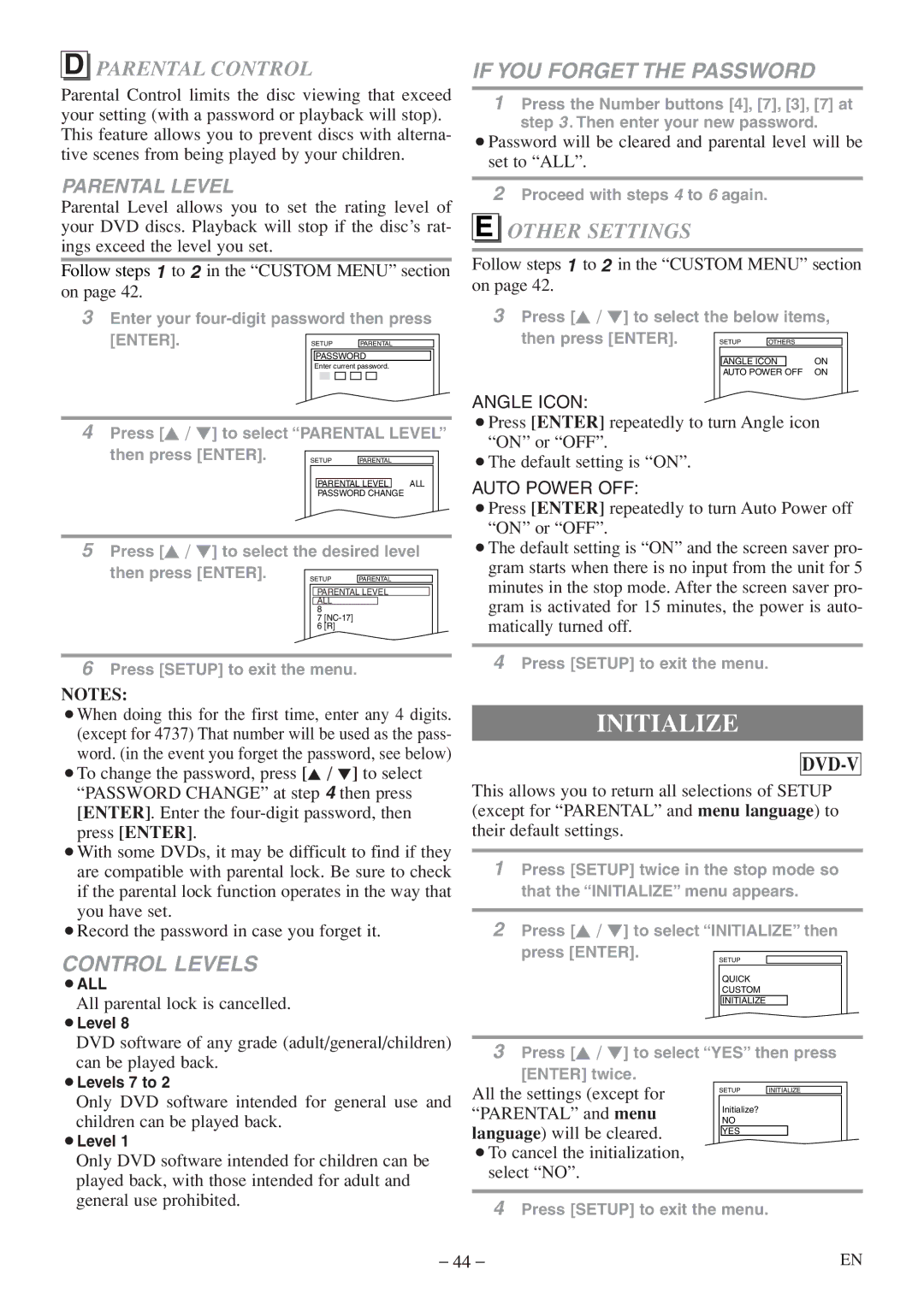 Sylvania 6719DF owner manual Initialize, Parental Control, Other Settings 