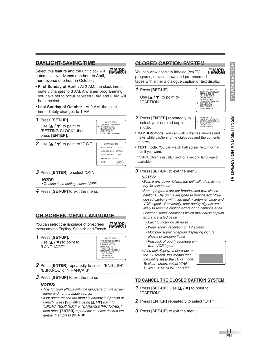 Sylvania 6719DG owner manual DAYLIGHT-SAVING Time, ON-SCREEN Menu Language, To Cancel the Closed Caption System 