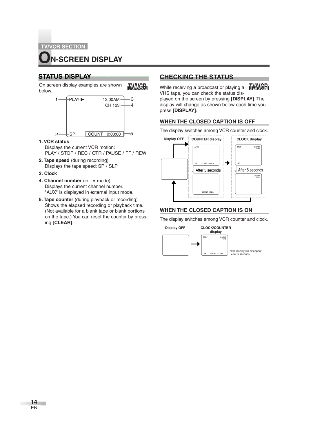 Sylvania 6719DG owner manual ON-SCREEN Display, Status Display, Checking the Status, When the Closed Caption is OFF 