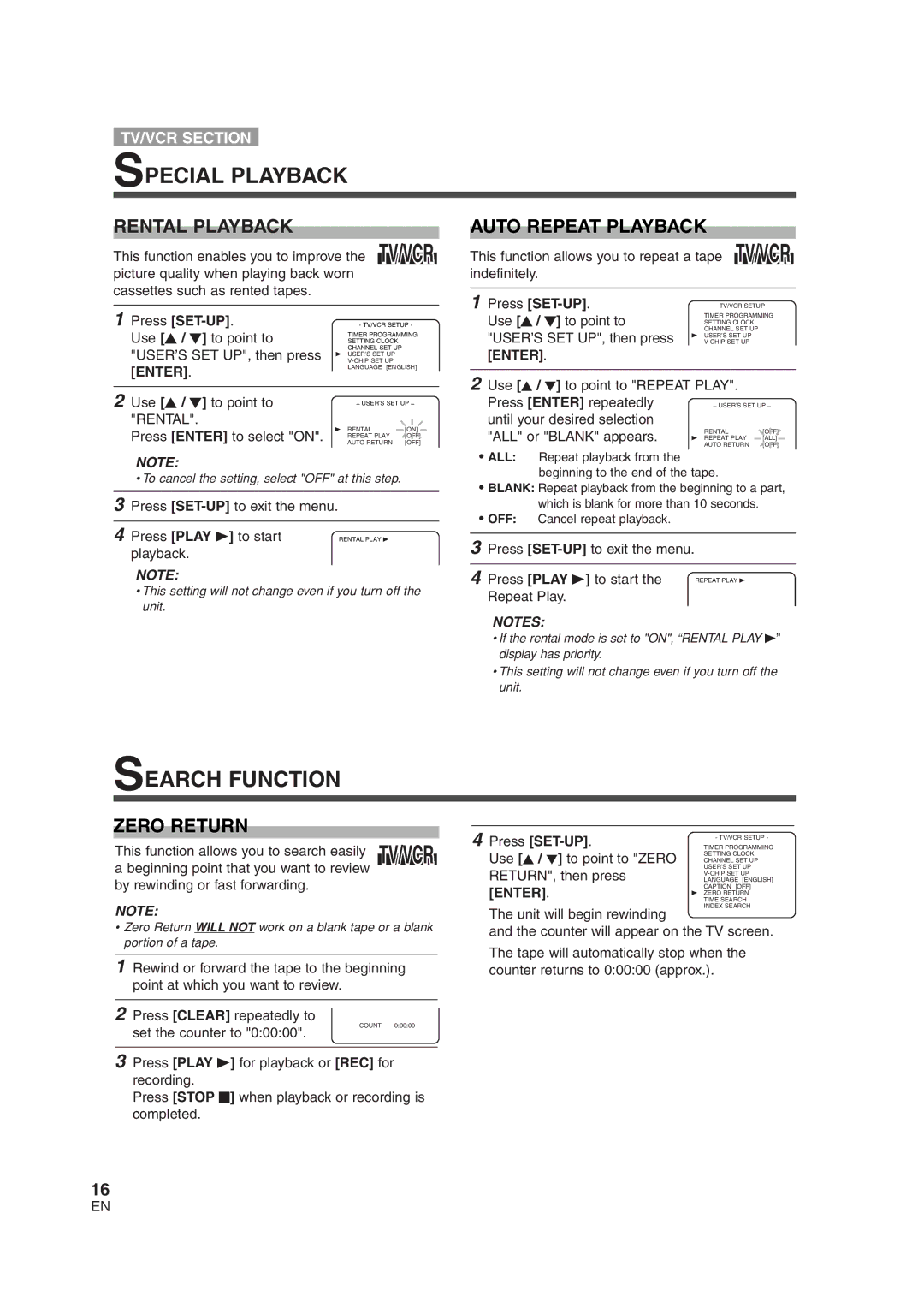 Sylvania 6719DG owner manual Special Playback, Search Function, Rental Playback, Auto Repeat Playback, Zero Return 