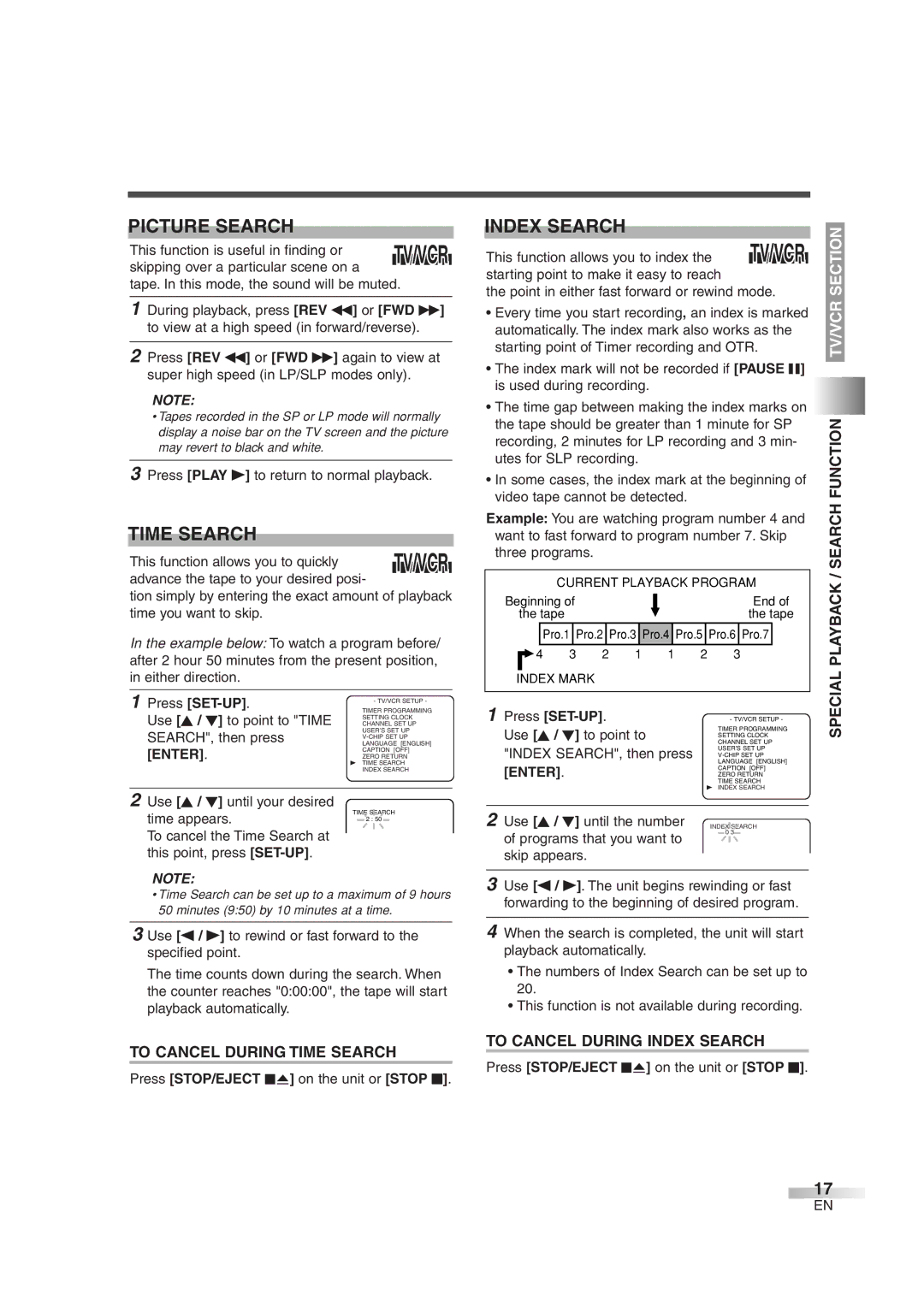 Sylvania 6719DG owner manual Picture Search, Time Search, Index Search 