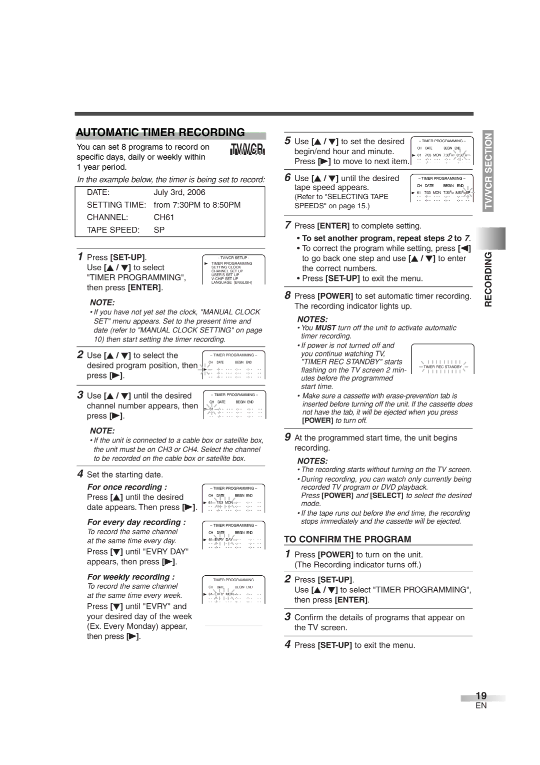 Sylvania 6719DG owner manual Automatic Timer Recording, To Confirm the Program, To set another program, repeat steps 2 to 