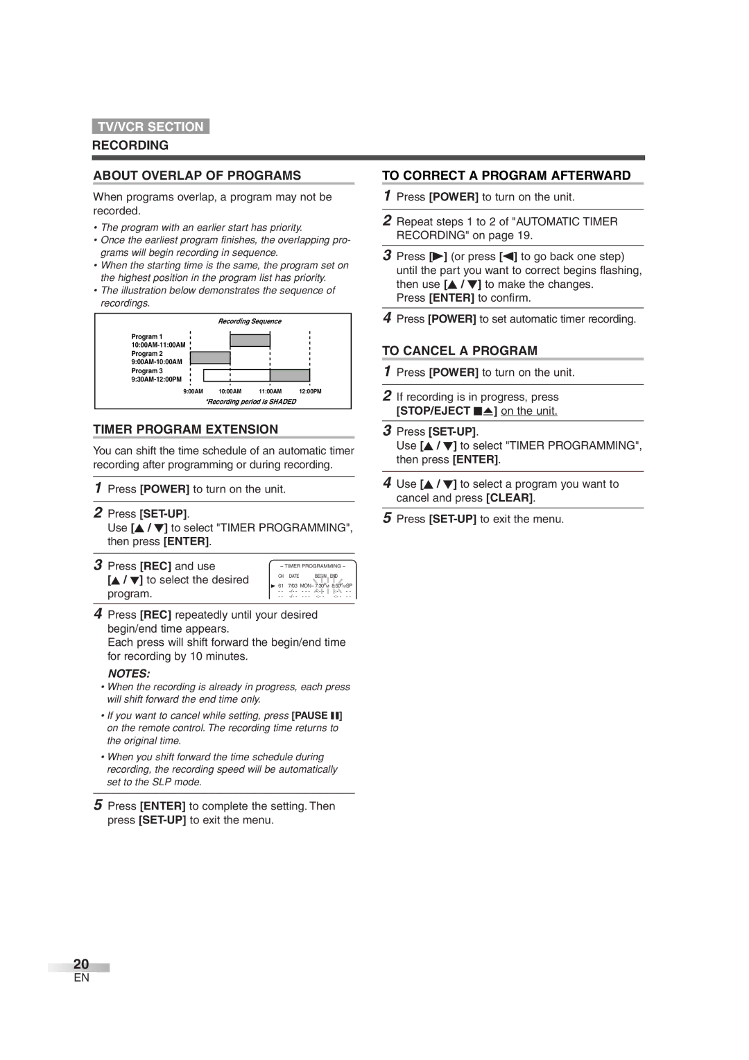 Sylvania 6719DG owner manual Recording About Overlap of Programs, Timer Program Extension, To Correct a Program Afterward 