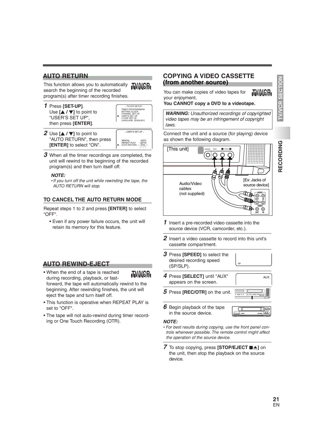 Sylvania 6719DG owner manual Auto REWIND-EJECT, Copying a Video Cassette, To Cancel the Auto Return Mode 