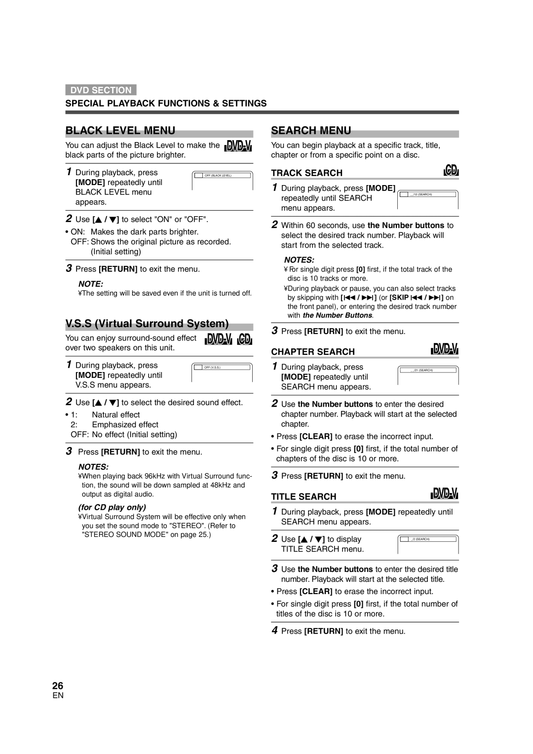 Sylvania 6719DG owner manual Black Level Menu, Search Menu 