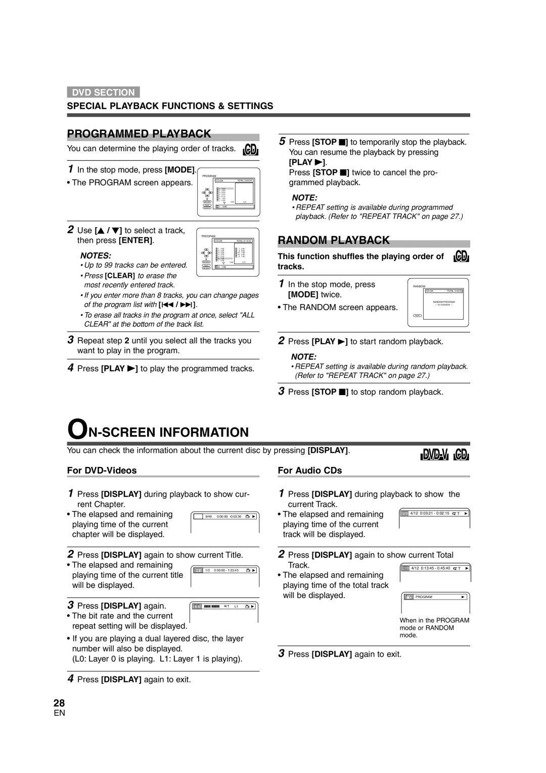 Sylvania 6719DG owner manual ON-SCREEN Information, Programmed Playback, Random Playback, Mode twice 