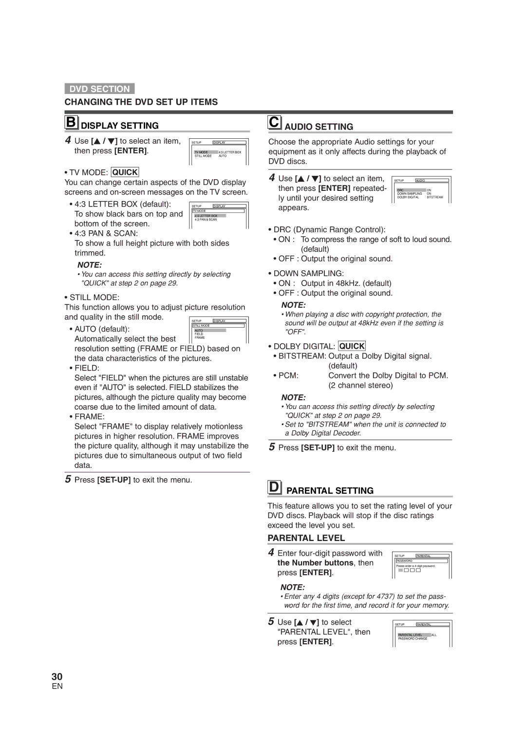 Sylvania 6719DG owner manual Changing the DVD SET UP Items Display Setting, Audio Setting, Parental Setting, Parental Level 