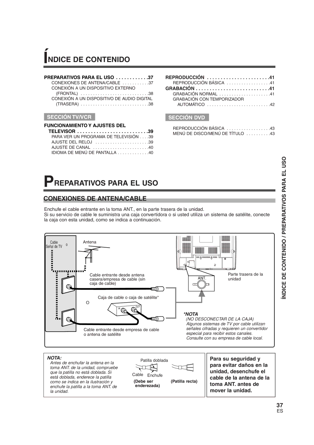 Sylvania 6719DG owner manual Índice DE Contenido, Preparativos Para EL USO, Conexiones DE ANTENA/CABLE 