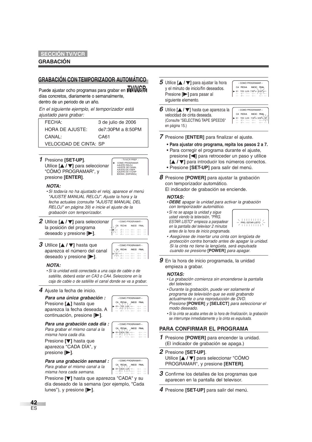 Sylvania 6719DG owner manual Para Confirmar EL Programa, Grabación CON Temporizador Automático 